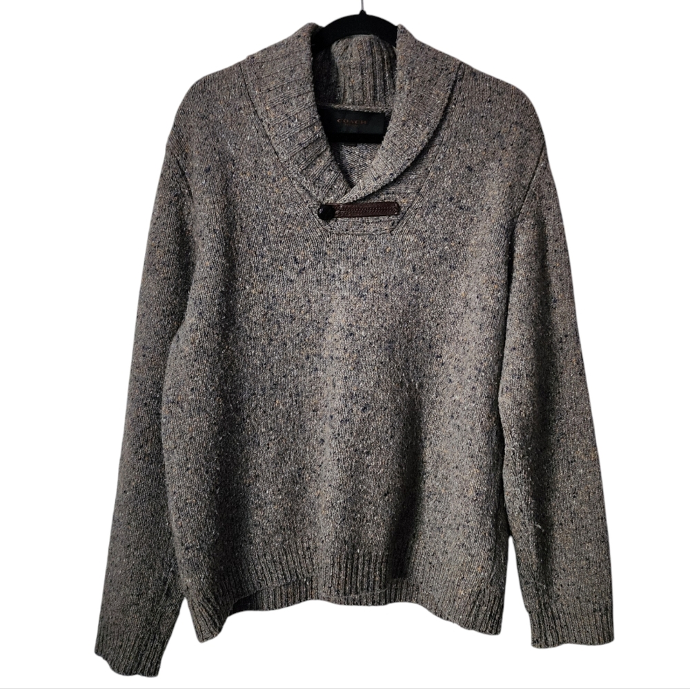 COACH Merino Wool Blend Shawl Collar Sweater M Leather Elbow Patches Preppy